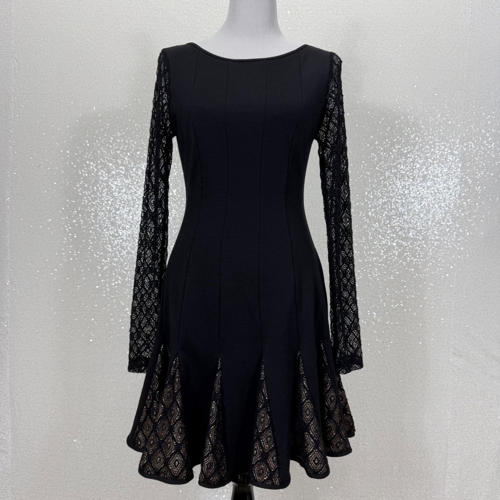 Catherine Malandrino Black Fit & Flare Lace Sleeve Dress Gothic Cocktail Women’s - Picture 6 of 10